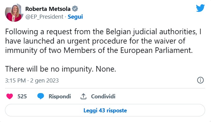 Qatargate procedura revoca immunità europarlamentari Cozzolino Tarabella decisione Metsola