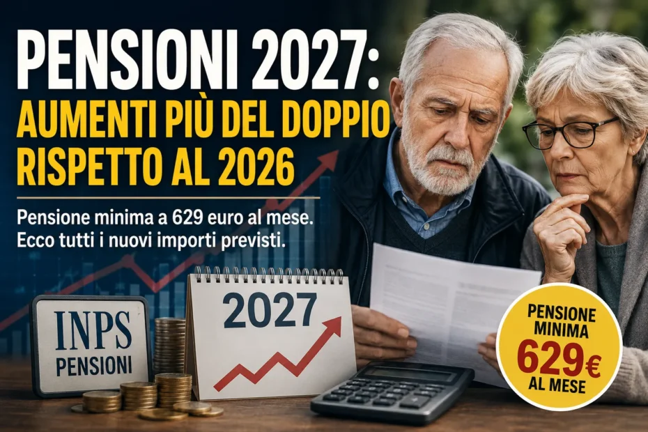 Pensioni 2027: se l'inflazione si conferma al 2,8%, la minima sale a 629 euro, l'assegno sociale a 562 euro, l'invalidità civile a 347 euro. Tutti gli importi previsti — e il nodo dei 7,2 milioni di pensionati che ricevono più di quanto hanno versato.