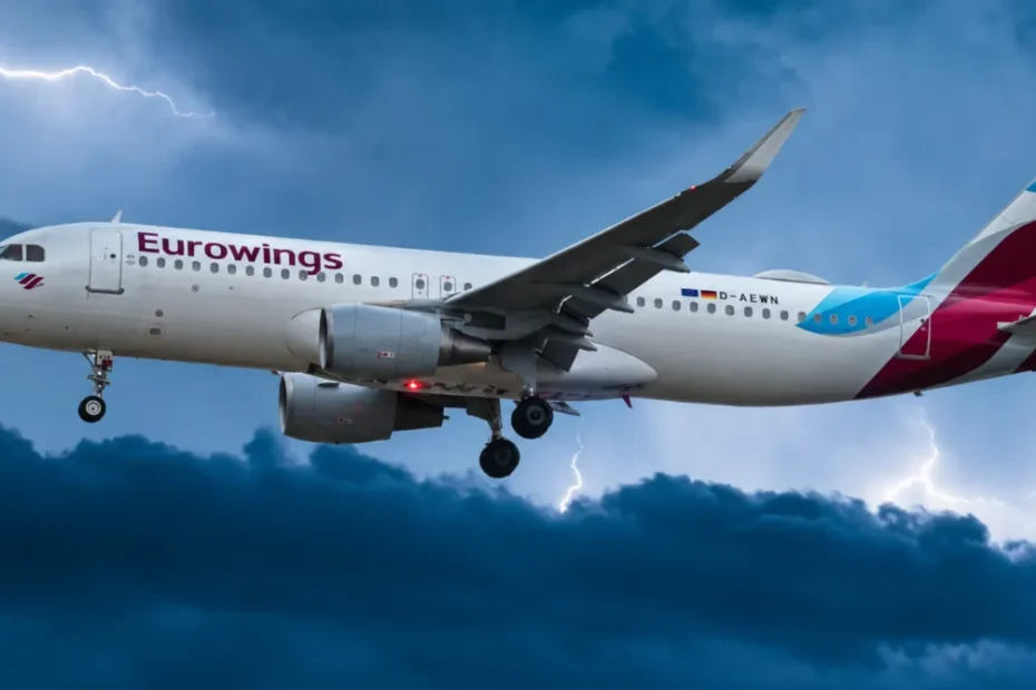 Un Airbus A320 in fase di decollo sotto un cielo carico di nubi temporalesche prima del volo