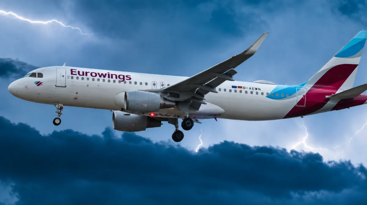 Un Airbus A320 in fase di decollo sotto un cielo carico di nubi temporalesche prima del volo