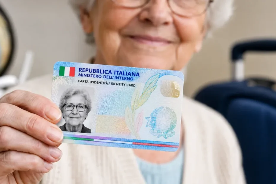 Una Carta d'Identità Elettronica italiana senza scadenza insieme ai documenti per il rinnovo allo sportello anagrafico